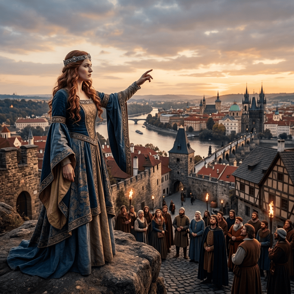 Medievally dressed woman pointing over a torchlit crowd in Prague